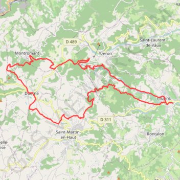 Thurins - Crêt de la Poipe - Saint Martin - Crêt des Fayes - Duerne - Montronant - Col des brosses - Barrage Thurins GPS track, route, trail